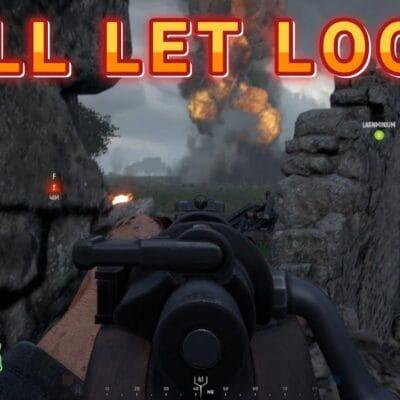 Hell Let Loose gameplay screenshot featuring a close-up of a machine gun, explosions, and Captain Ruggles' logo.
