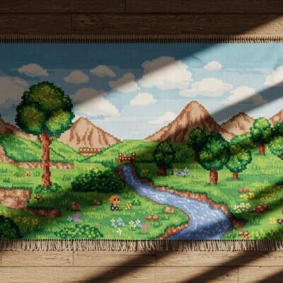 A painted or printed wall tapestry showing a colorful pixel art landscape with several trees, mountains, and a river.