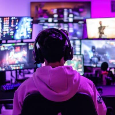 A streamer sits at their streaming desk with two rows of computer monitors in front of them. They wear a gaming headset.