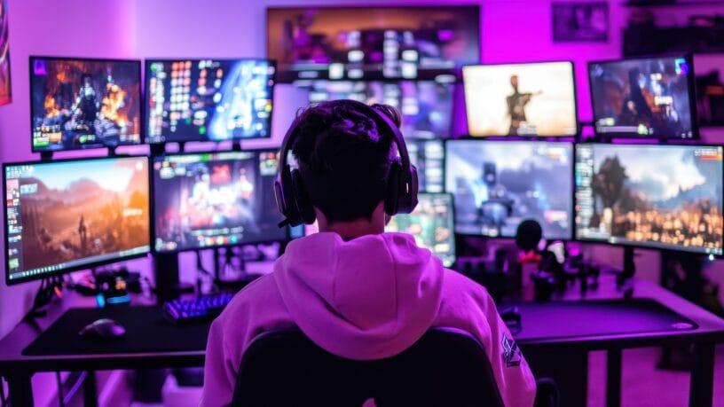 A streamer sits at their streaming desk with two rows of computer monitors in front of them. They wear a gaming headset.