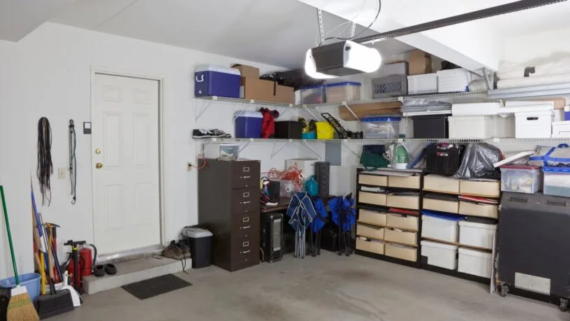 A home garage with white walls and multiple boxes, containers, and tools placed on the right side against the wall.